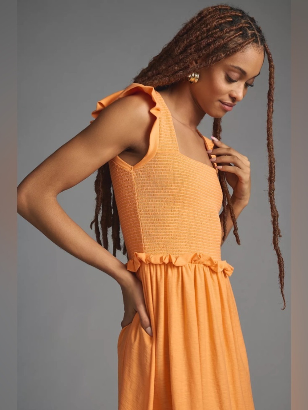 080 NATION LTD. Women's Ginger Smocked Pima Cotton Dress - Tang, Medium - Picture 14 of 16